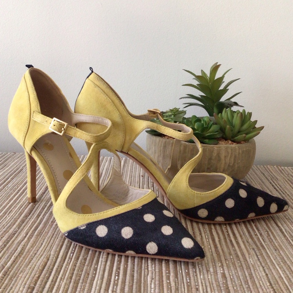Boden Tisha Heels Polka Dot Cowhide Navy Yellow Suede Shoes 39.5